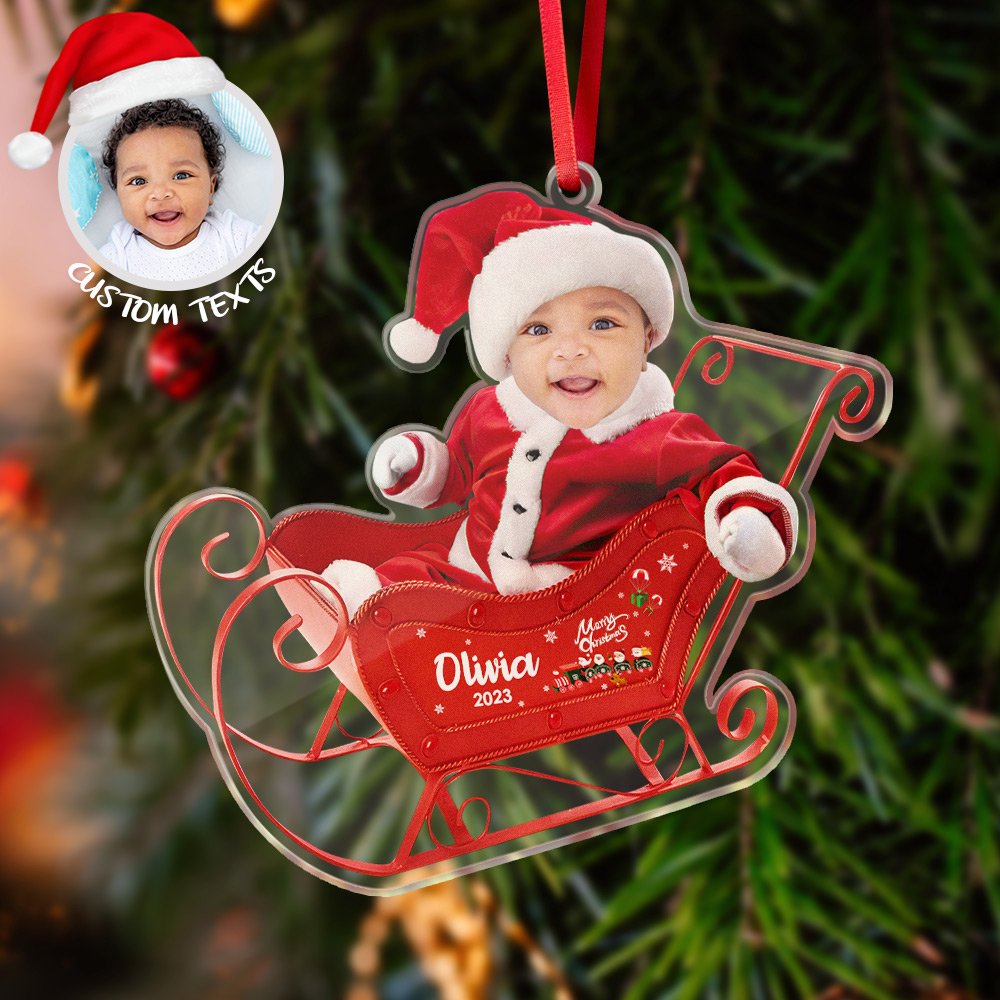 Custom Photo & Name Sleigh Acrylic Tree Decoration - printshop4me.ae Custom Photo & Name Sleigh Acrylic Tree Decoration