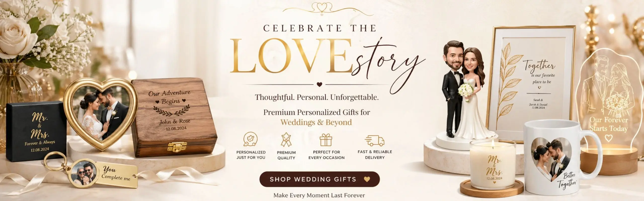 Personalized wedding gifts Dubai UAE - custom photo frame engraved wooden box couple bobblehead Mr Mrs mug LED lamp keychain