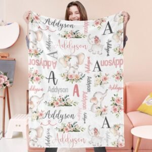 Personalized Floral Elephant Blanket