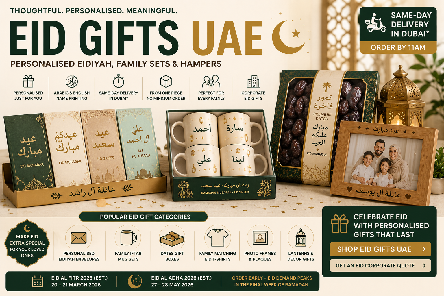 Eid gifts UAE - printshop4me.ae Eid Gifts UAE hero image showing personalised Eidiyah envelopes, family mug sets, dates gift boxes, photo frames, lanterns, and same-day Dubai delivery.