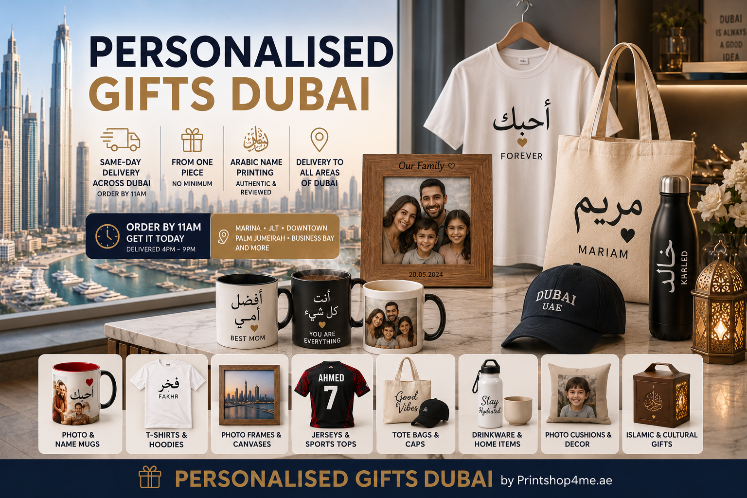 Personalised gifts in Dubai — photo mug, custom t-shirt, and photo frame on a Dubai Marina apartment console with Burj Al Arab silhouette in background.