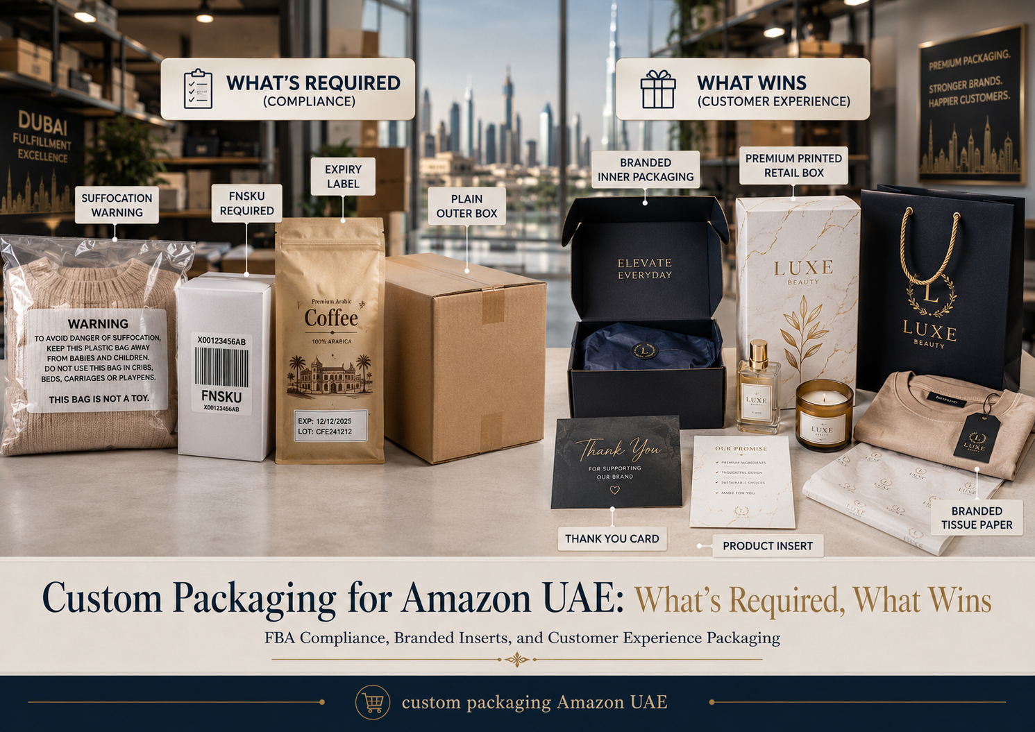 Custom packaging Amazon UAE hero image showing FNSKU labels, suffocation warning polybags, expiry-date labels, plain shipping cartons, branded inner packaging, thank-you cards, and premium retail boxes.