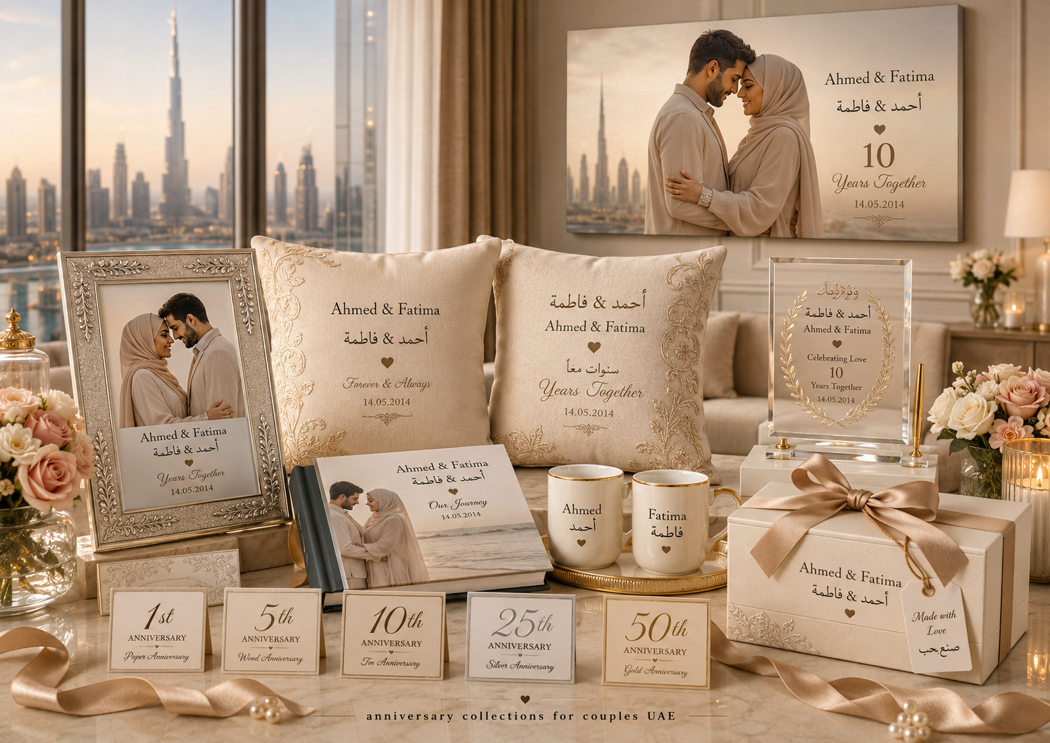 Anniversary collections for couples in UAE featuring personalised wedding photo frames, cushions, wall canvases, acrylic plaques, photo books and bilingual English Arabic milestone gifts.