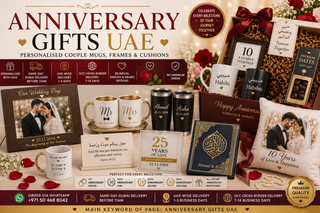 Anniversary gifts UAE including personalised couple mugs, wedding date photo frame, engraved tumbler set, milestone plaque, Quran gift box, dates box, photo cushion and premium anniversary hamper.