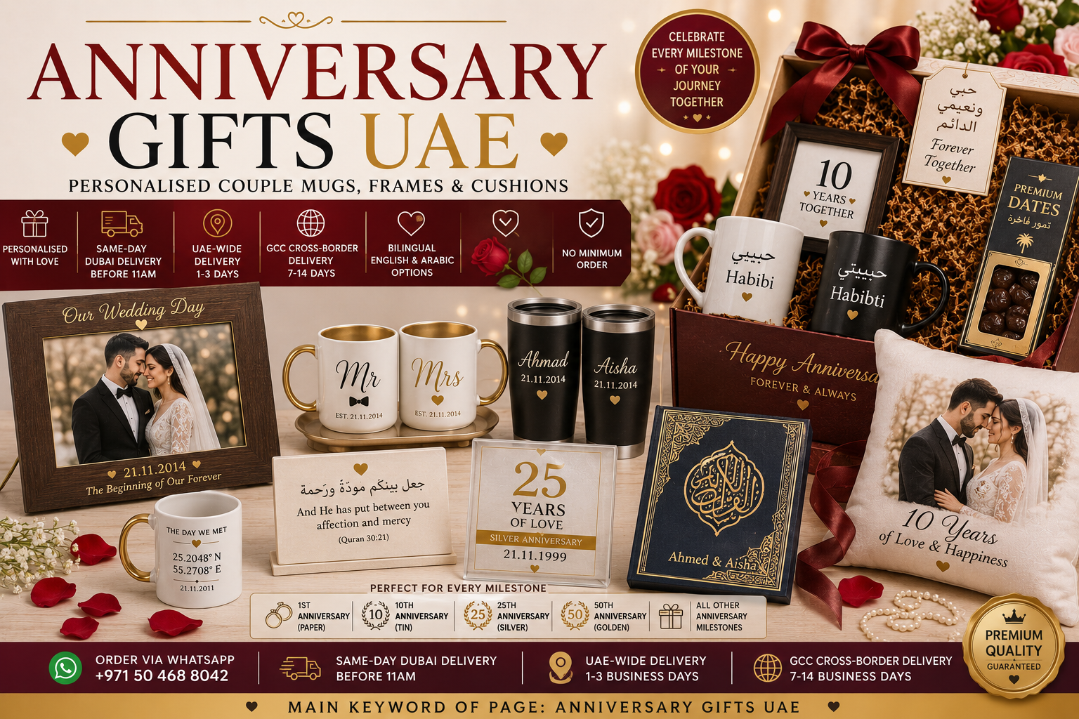anniversary gifts uae - printshop4me.ae Anniversary gifts UAE including personalised couple mugs, wedding date photo frame, engraved tumbler set, milestone plaque, Quran gift box, dates box, photo cushion and premium anniversary hamper.