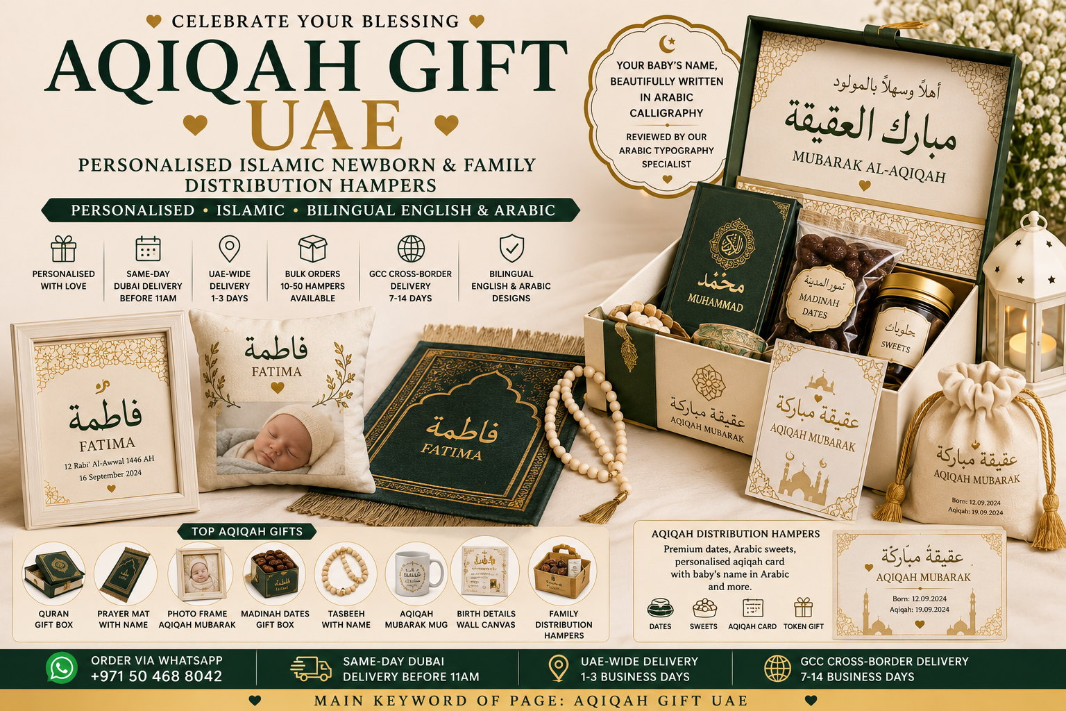 aqiqah gift uae - printshop4me.ae Aqiqah gift UAE including personalised newborn Quran gift box, Arabic name photo frame, baby prayer mat, dates box, tasbeeh, aqiqah card and family distribution hamper.