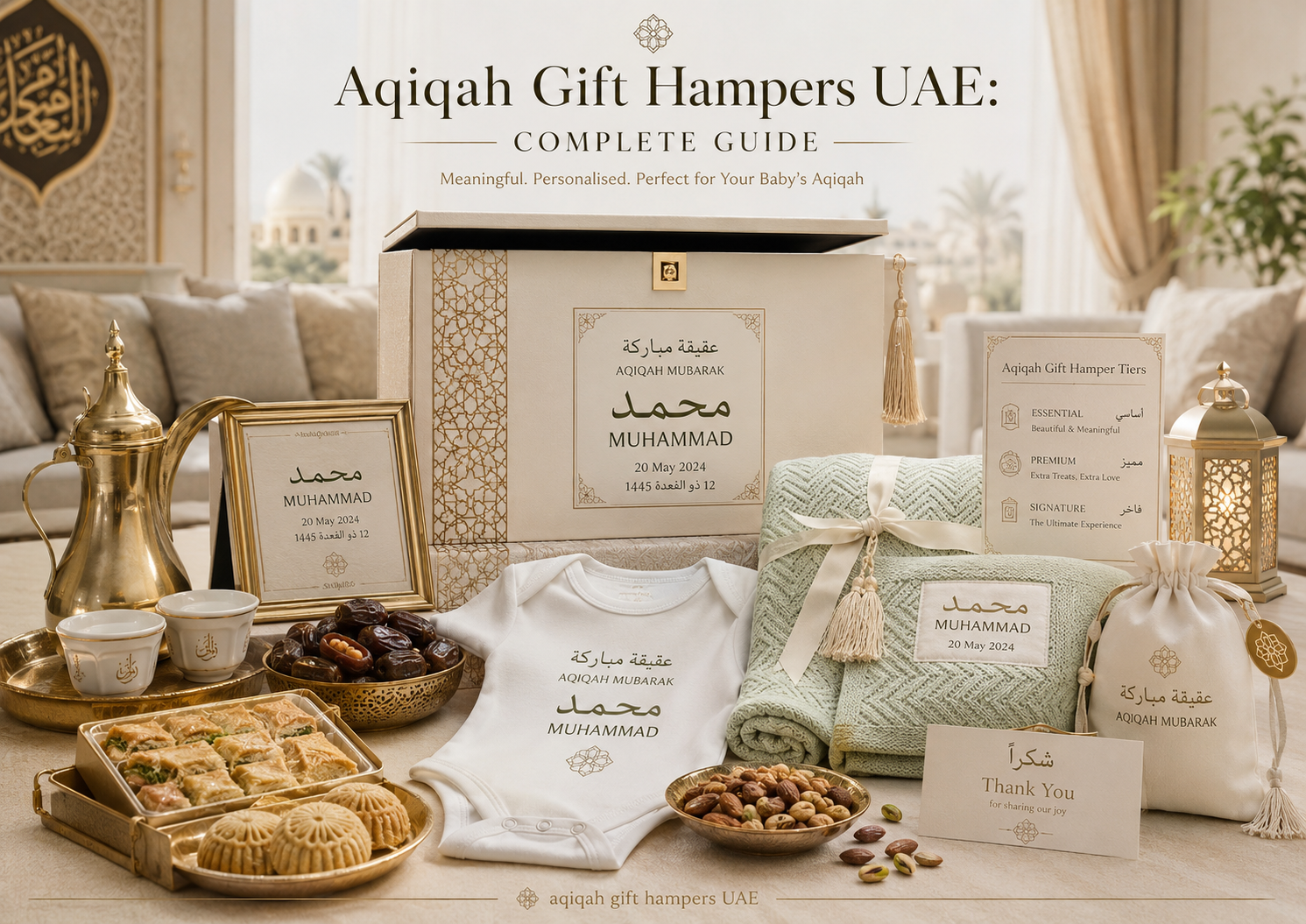 Aqiqah gift hampers UAE with personalised baby name box, premium dates, Arabic sweets, baby onesie, blanket, Arabic coffee and bilingual English Arabic packaging.