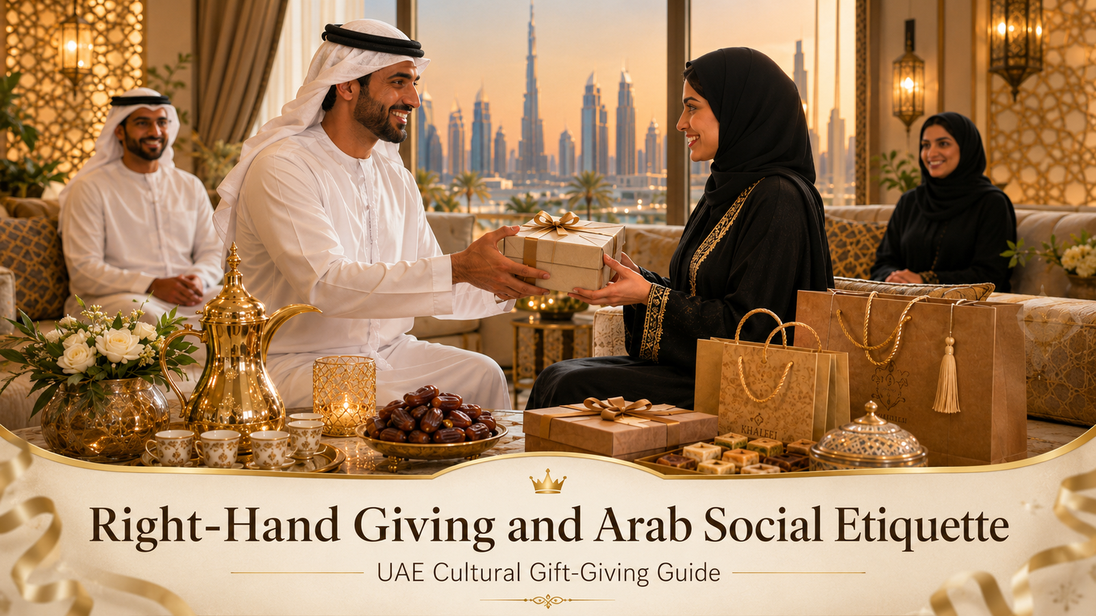 Arab social etiquette UAE hero image showing right-hand gift giving in an elegant Dubai majlis with Arabic coffee, dates, wrapped gifts, and UAE hospitality details.