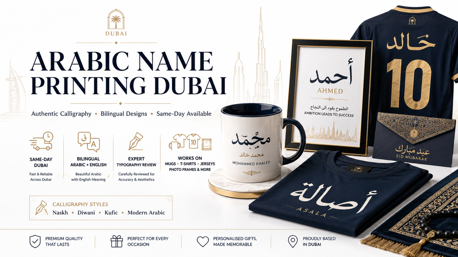 Arabic Name Printing Dubai hero image showing personalised Arabic calligraphy on a mug, t-shirt, framed print, jersey, and Eid envelope with same-day Dubai service.