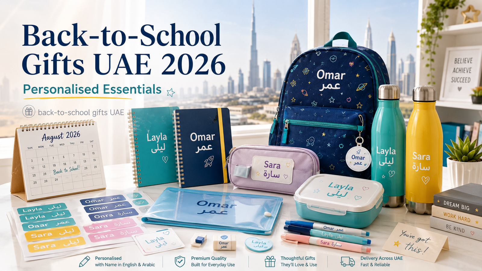 Back-to-school gifts UAE featuring personalised water bottles, lunch boxes, school bags, notebooks, pencil cases, name labels and bilingual school essentials.