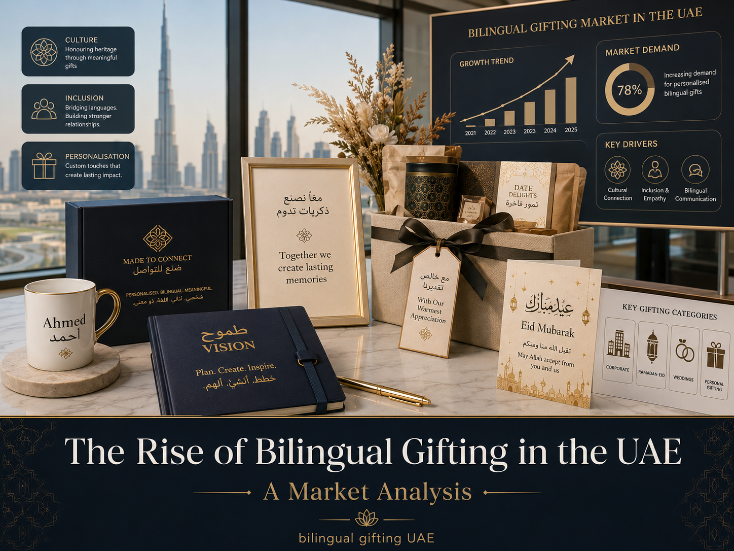 Premium bilingual gifting display in UAE with English and Arabic personalised gifts, market trend visuals, and Dubai skyline background.