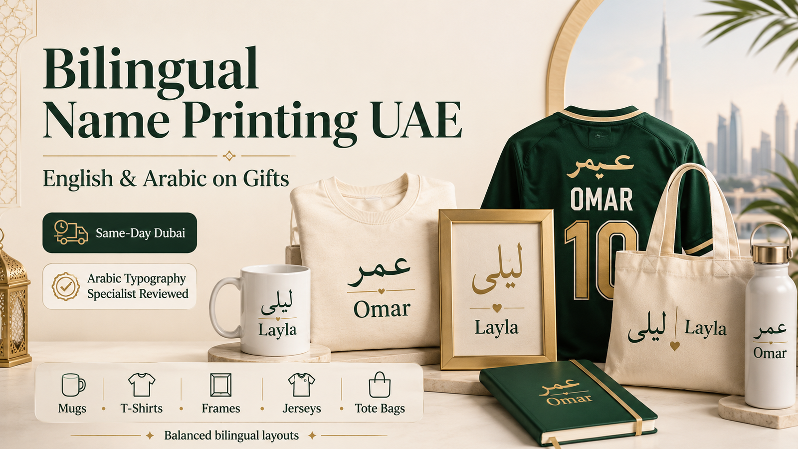bilingual name printing - printshop4me.ae Bilingual Name Printing UAE hero image showing Arabic and English names printed on mugs, t-shirts, frames, jerseys, tote bags, notebooks, and water bottles with same-day Dubai service.