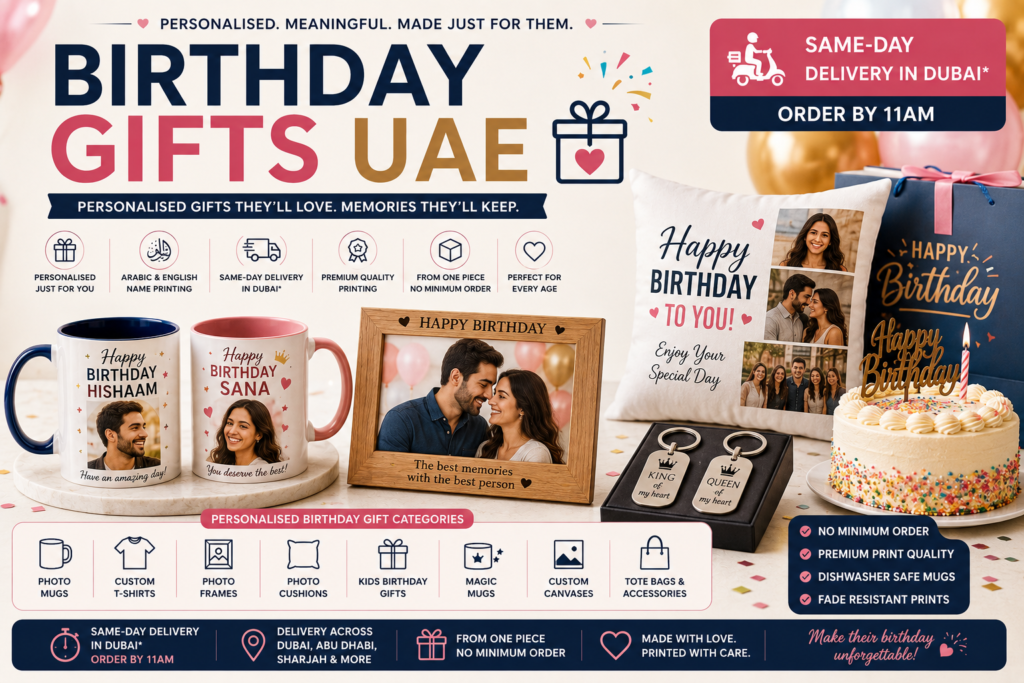 Birthday Gifts UAE hero image showing personalised photo mugs, custom t-shirts, photo frames, cushions, keychains, birthday cake, and same-day Dubai delivery.