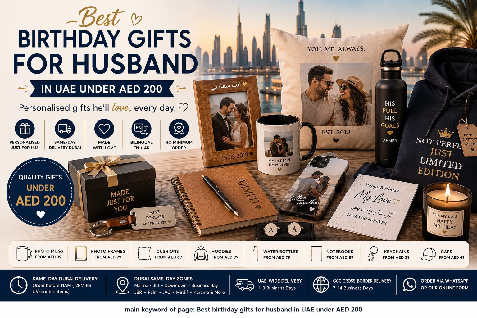 Birthday gifts for husband in UAE hero image showing personalised photo mug, engraved frame, cushion, hoodie, water bottle, notebook, phone case, keychain, cufflinks, cap, mini hamper, and same-day Dubai delivery.