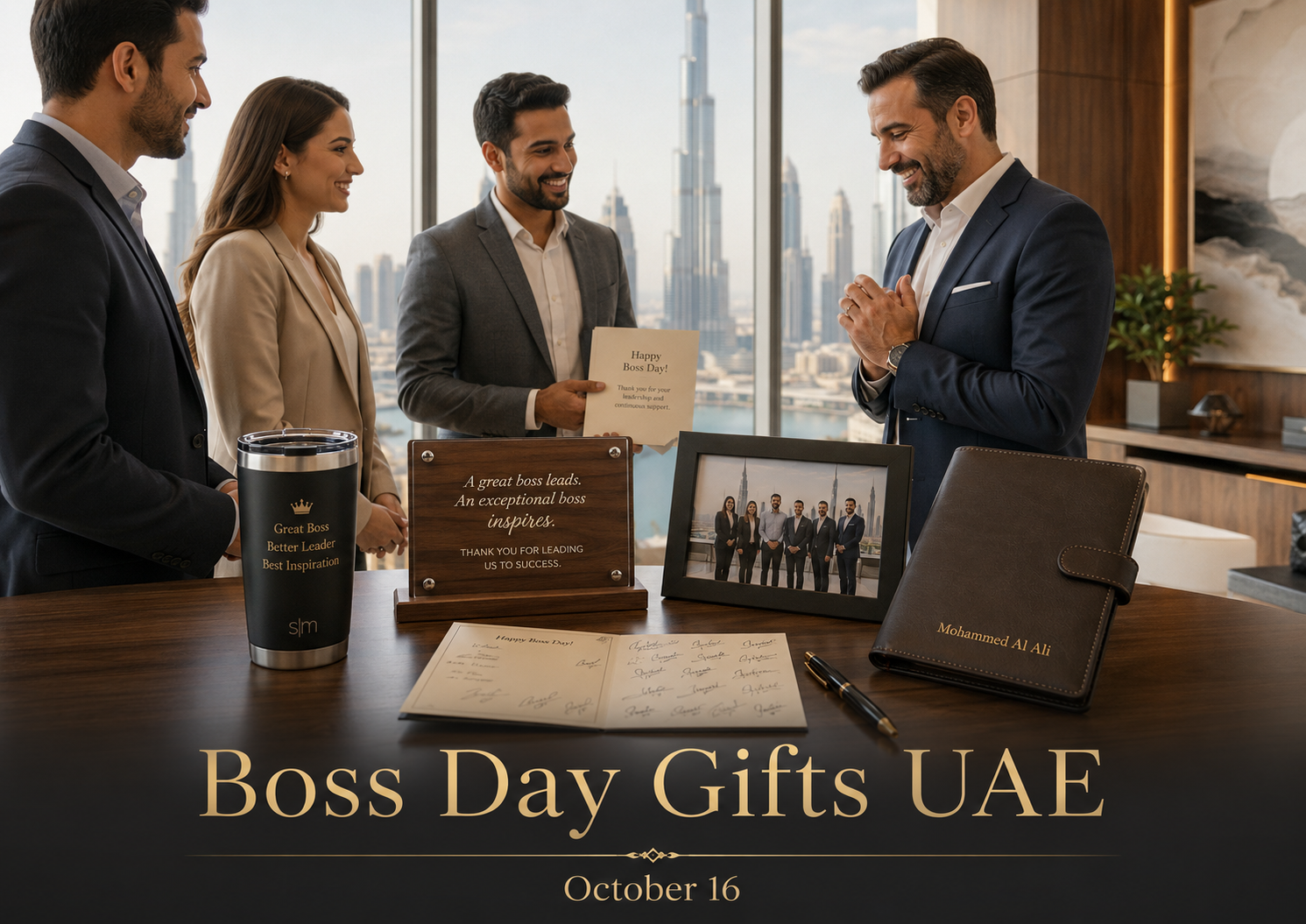 Boss Day gifts UAE featuring a corporate team giving a manager personalised desk plaque, framed team photo, tumbler, mug and leather notebook in Dubai office.
