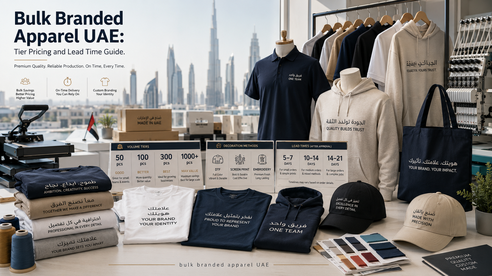 Bulk branded apparel UAE showing custom t-shirts, hoodies, polos, caps and tote bags with DTF, screen print, embroidery, tier pricing and bilingual English Arabic branding.