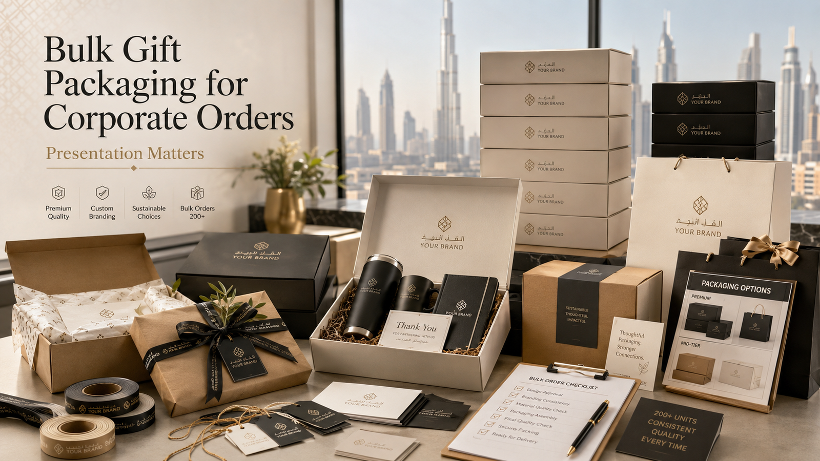 Bulk gift packaging for corporate orders showing branded gift boxes, carrier bags, ribbons, tissue paper, sustainable packaging and premium corporate gift sets.