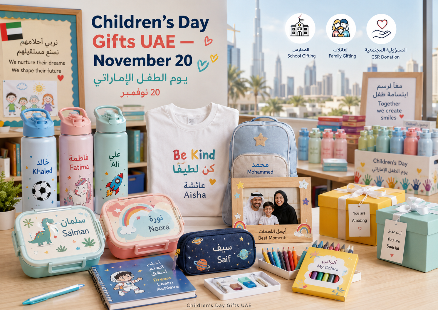 Children’s Day gifts UAE for November 20 showing personalised water bottles, lunch boxes, t-shirts, stationery, photo frames and bilingual English Arabic school gifts.