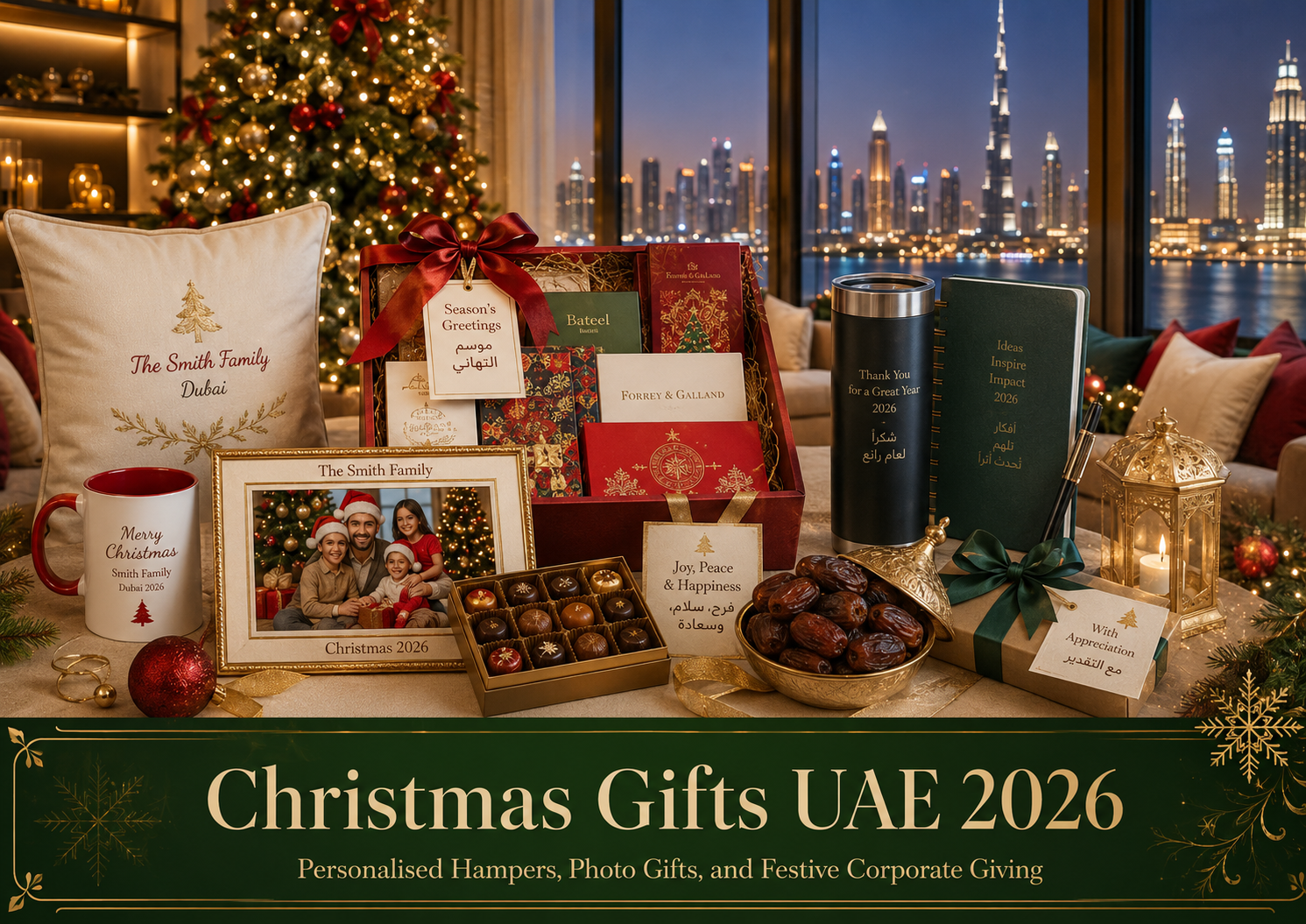 Christmas gifts UAE 2026 hero image showing personalised hampers, photo frames, mugs, festive cushions, chocolates, dates boxes, corporate gifts, and Dubai skyline Christmas décor.