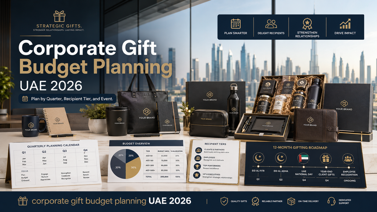 Corporate gift budget planning UAE hero image showing branded mugs, notebooks, tumblers, gift hampers, private label boxes, 12-month gifting calendar, recipient tier chart, budget sheet, and Dubai skyline.