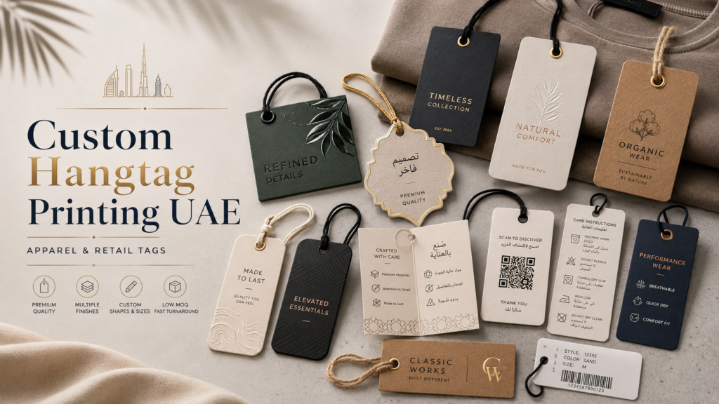 Custom Hangtag Printing UAE hero image showing premium apparel and retail tags with eyelets, cords, kraft paper, foil stamping, embossing, QR codes, barcodes, bilingual Arabic-English care labels, and luxury brand finishes.