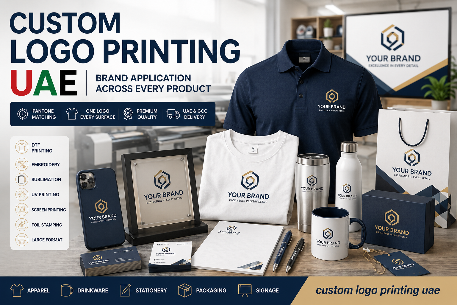 Custom Logo Printing UAE hero image showing branded apparel, drinkware, stationery, packaging, signage, embroidery, DTF, sublimation, UV printing, and Pantone-matched logo application.