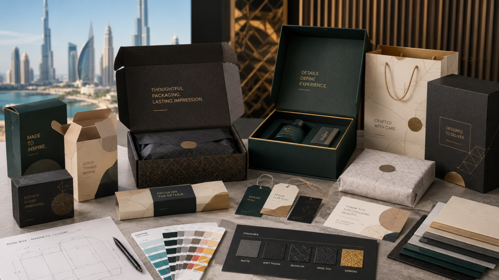 Custom Packaging Printing UAE hero image showing premium mailer boxes, rigid gift boxes, folding cartons, sleeves, belly bands, hangtags, wrapping inserts, structural dielines, Pantone colour matching, foil stamping, embossing, and luxury branded packaging.