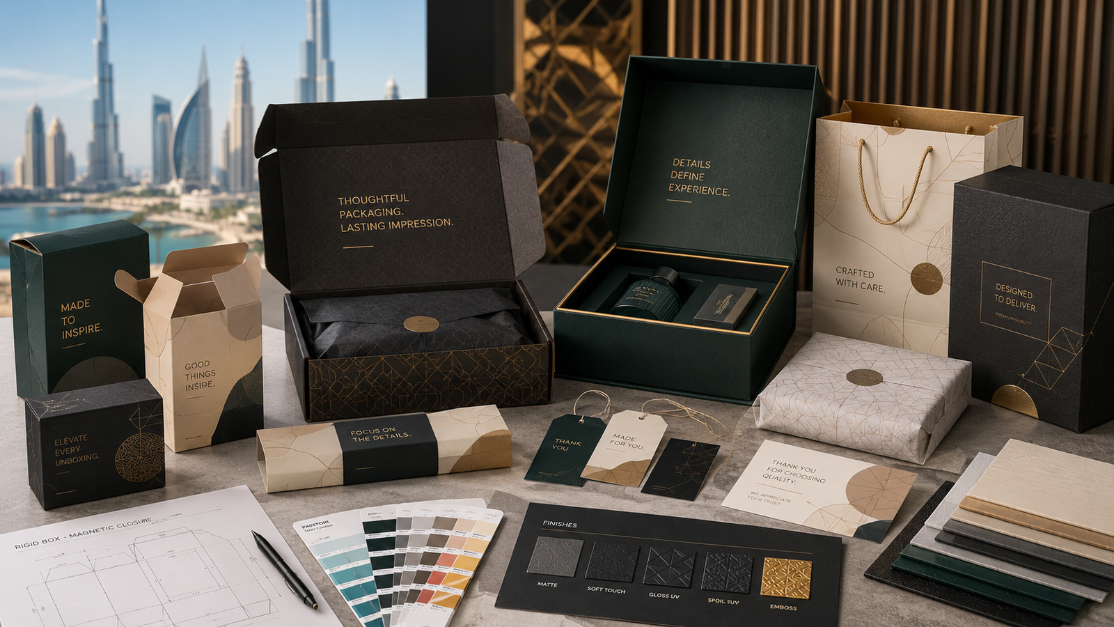 custom packaging printing uae - printshop4me.ae Custom Packaging Printing UAE hero image showing premium mailer boxes, rigid gift boxes, folding cartons, sleeves, belly bands, hangtags, wrapping inserts, structural dielines, Pantone colour matching, foil stamping, embossing, and luxury branded packaging.