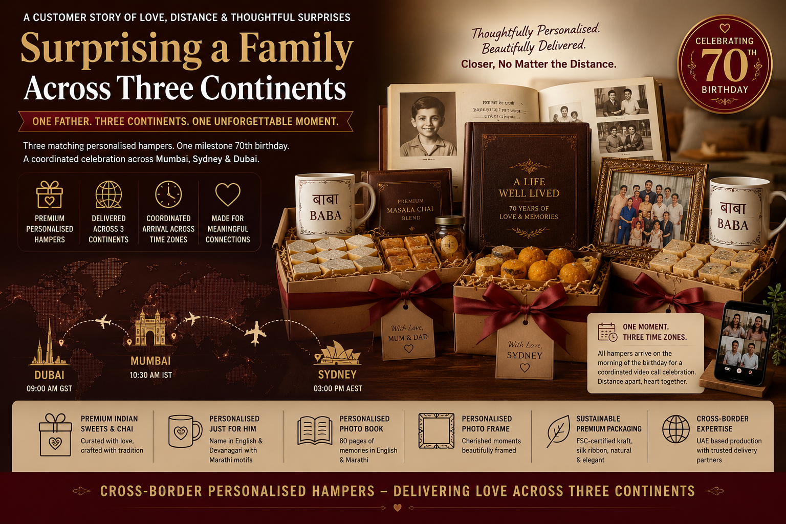 Premium cross-border personalised hampers with Indian sweets, chai, photo book, mugs, and family video call across Dubai, Mumbai, and Sydney.