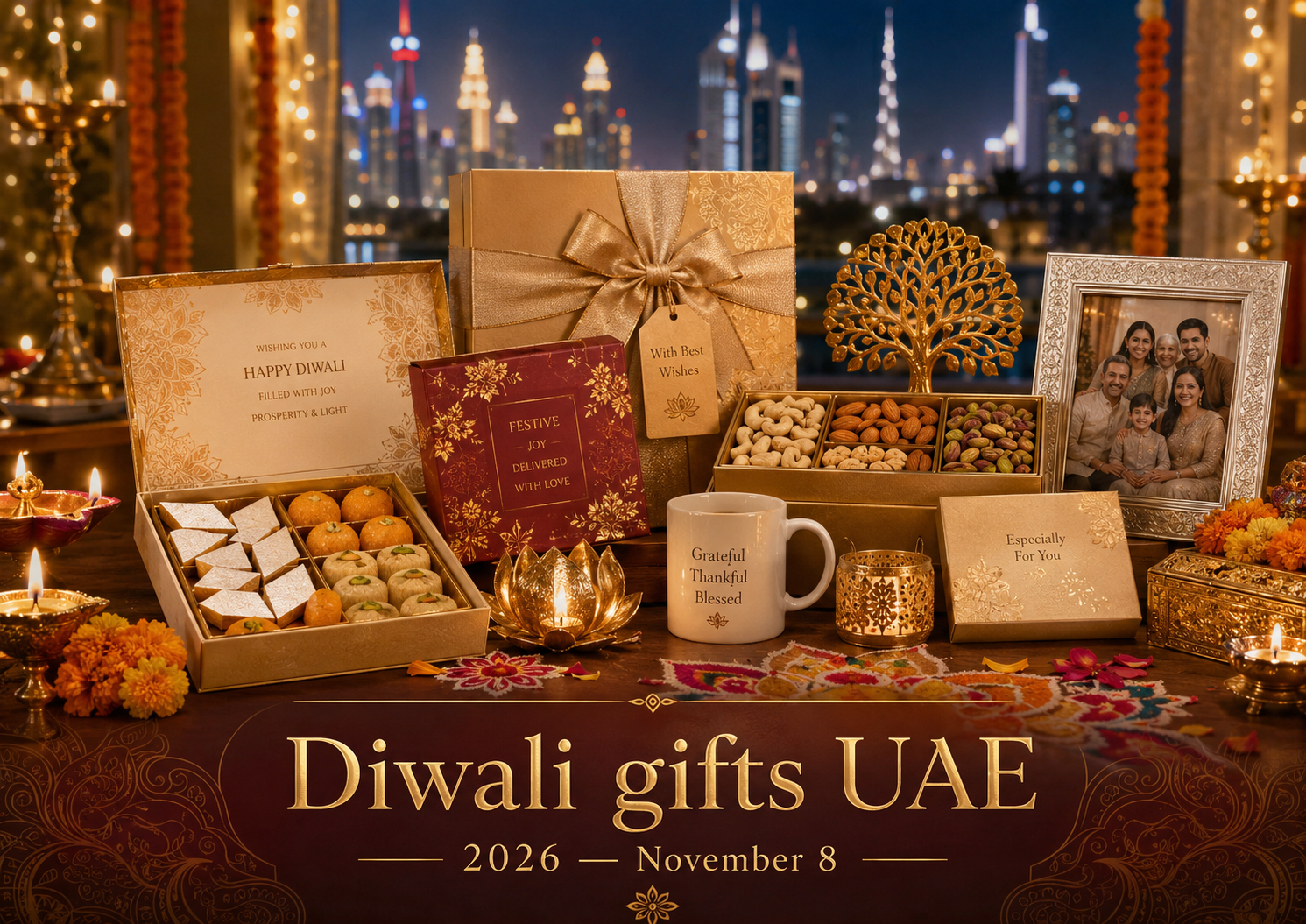 Diwali gifts UAE 2026 with mithai boxes, dry fruit hampers, diya lamps, gold-tone gifts, personalised packaging and festive Dubai skyline for November 8.