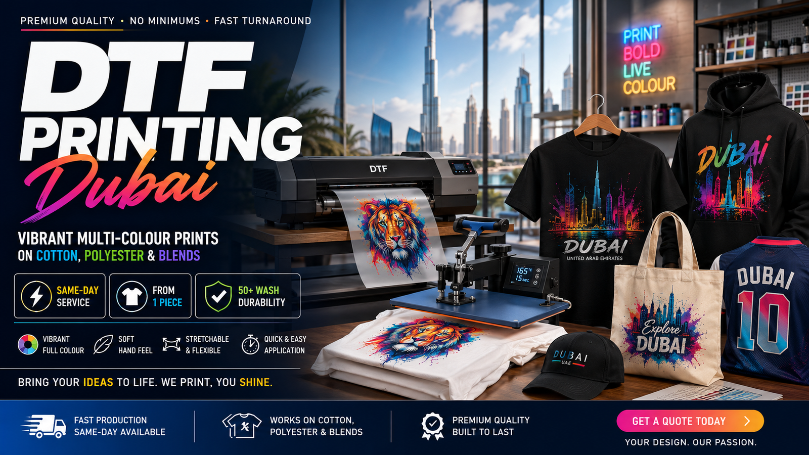 dtf printing dubai - printshop4me.ae DTF Printing Dubai hero image showing vibrant direct-to-film printing on cotton, polyester and blended apparel, including custom t-shirts, hoodies, tote bags, caps and jerseys, with full-colour Dubai designs, same-day service, one-piece orders, soft hand-feel and 50+ wash durability.