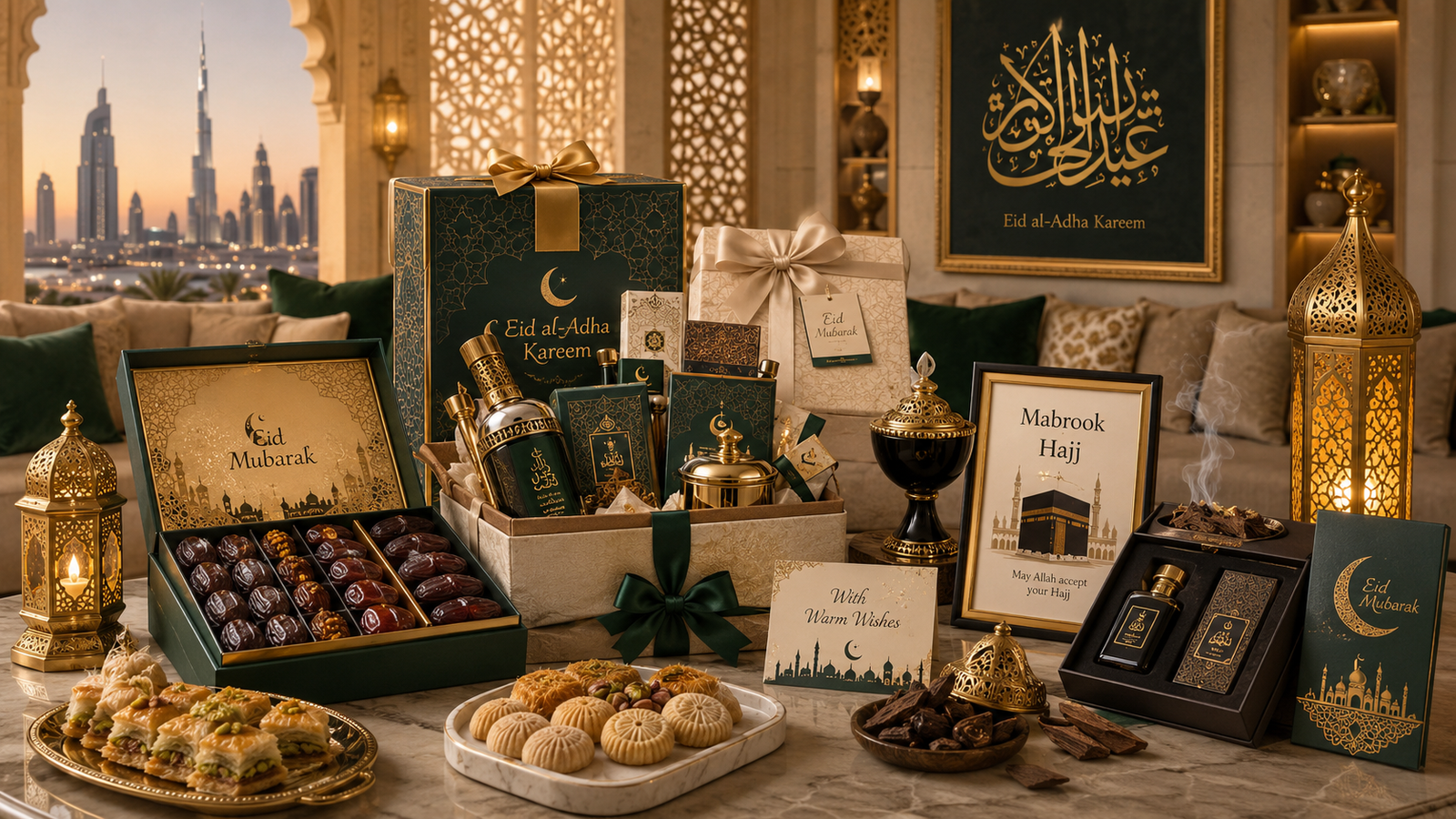 Eid al-Adha gifts UAE hero image showing premium dates boxes, Arabic sweets, oud gift set, personalised Eid gifts, family hampers and elegant Islamic gift presentation.