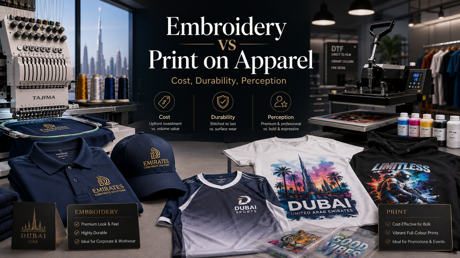 Embroidery vs print on apparel hero image showing embroidered polos and caps beside DTF, screen printed, and sublimated t-shirts in a Dubai apparel production studio.