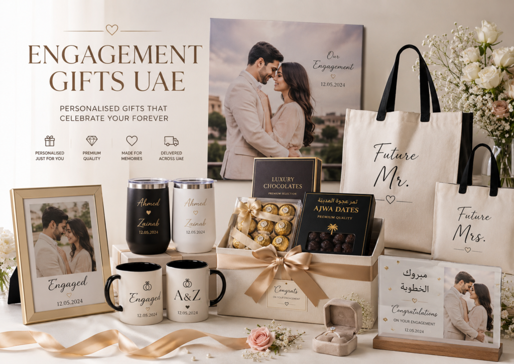 Engagement gifts UAE including personalised engagement photo frame, couple mugs, engraved tumbler set, Future Mr and Mrs tote bags, dates box, chocolates and bilingual engagement plaque.