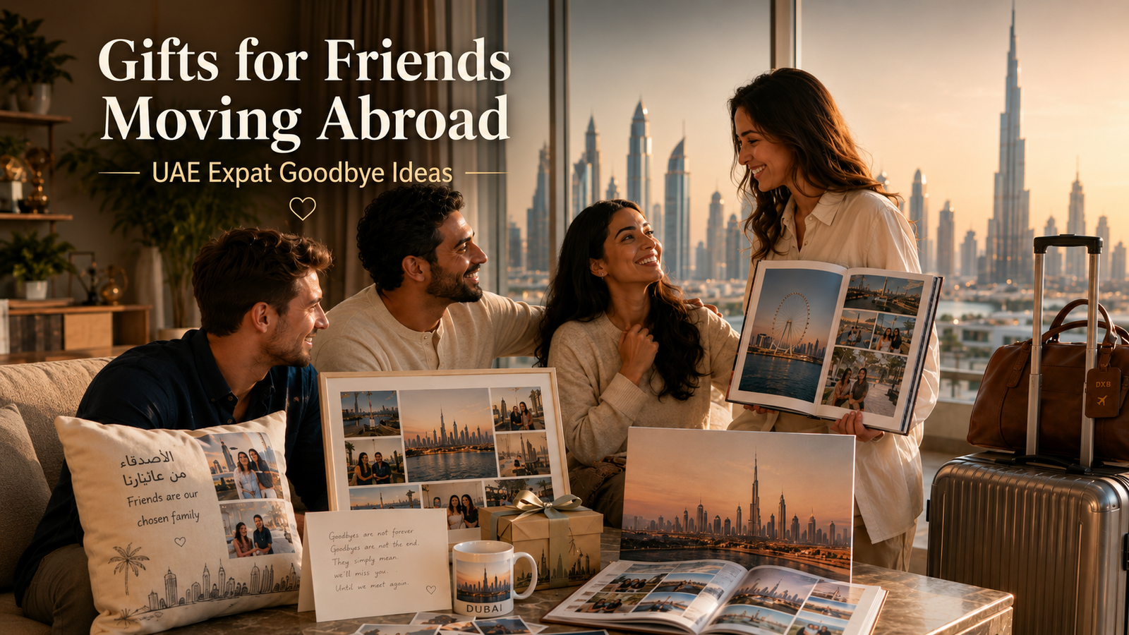 Expat goodbye gifts UAE featuring friends saying farewell in Dubai with personalised photo book, skyline canvas, group frame, mug, cushion and packed suitcase.