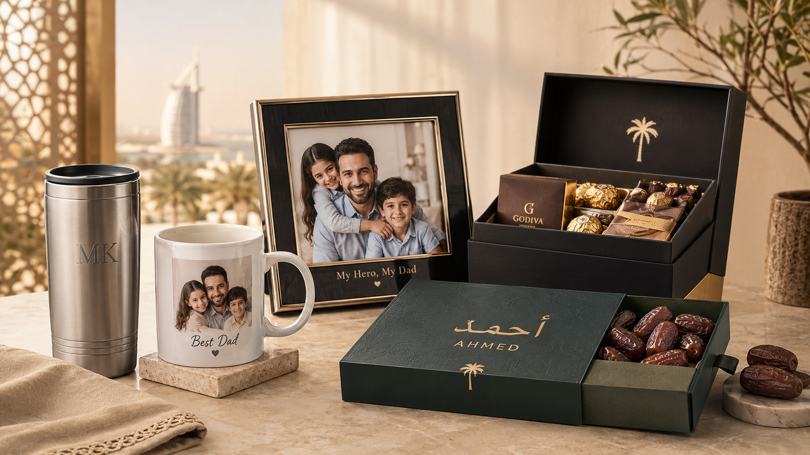 fathers day gifts uae - printshop4me.ae Personalised Father’s Day gifts in UAE including photo mug, engraved tumbler, family photo frame, Arabic name dates box and premium gift hamper on a luxury tabletop.