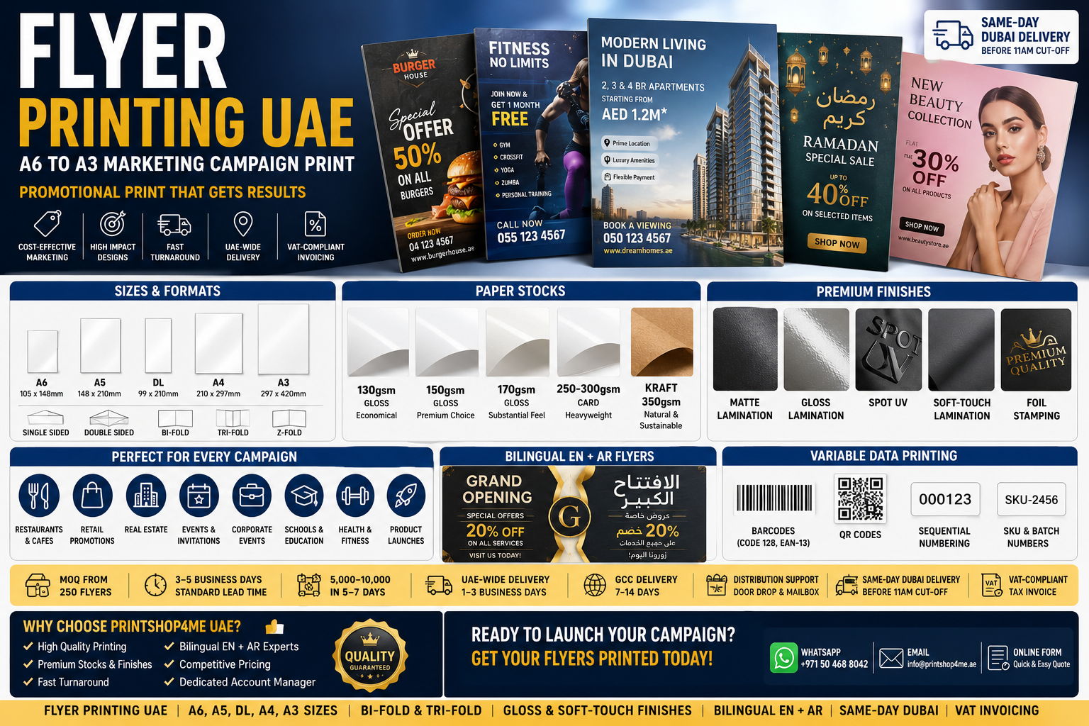 flyer printing uae - printshop4me.ae Flyer Printing UAE hero image showing A6 to A3 marketing flyers, restaurant offers, fitness promotions, real estate flyers, Ramadan sale flyers, paper stock options, premium finishes, bilingual English-Arabic designs, QR codes, barcodes, same-day Dubai delivery, and VAT-compliant invoicing.