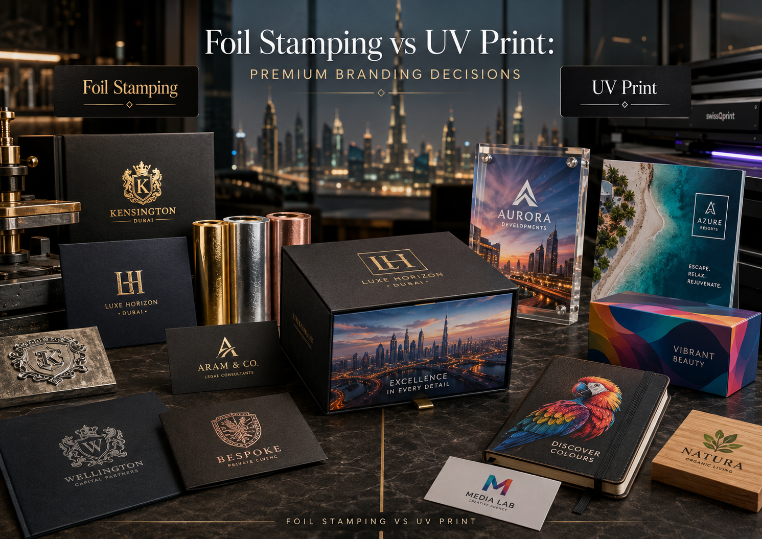 Foil stamping vs UV print comparison showing luxury business cards, gold foil gift boxes, UV-printed acrylic plaques, branded notebooks and premium bilingual English Arabic packaging.