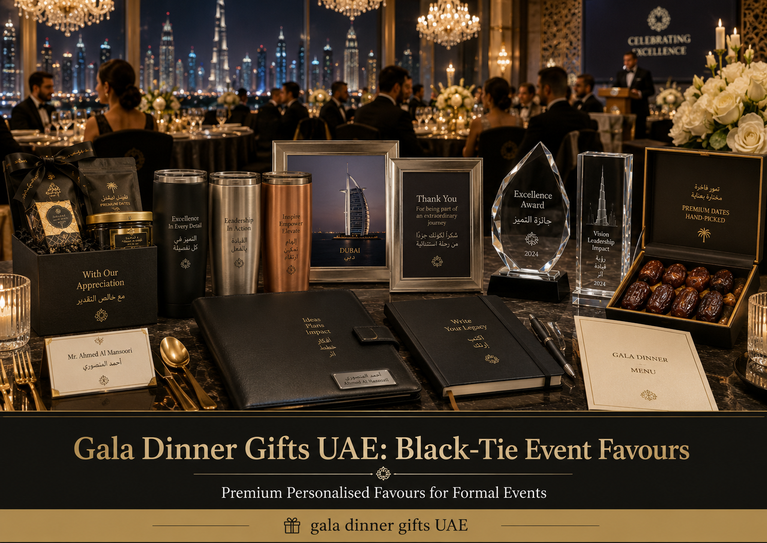 Gala dinner gifts UAE hero image showing premium personalised tumblers, leather gifts, photo frames, etched glass awards, dates boxes, and black-tie event favours in a luxury Dubai gala setting.