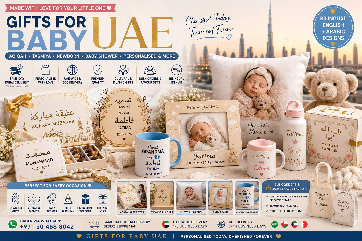 gifts for baby uae - printshop4me.ae Gifts for baby UAE featuring personalised aqiqah gift box, tasmiya Arabic name plaque, newborn photo cushion, baby photo frame, Grandma announcement mug, personalised baby bottle, baby shower favour bags and Dubai skyline backdrop.