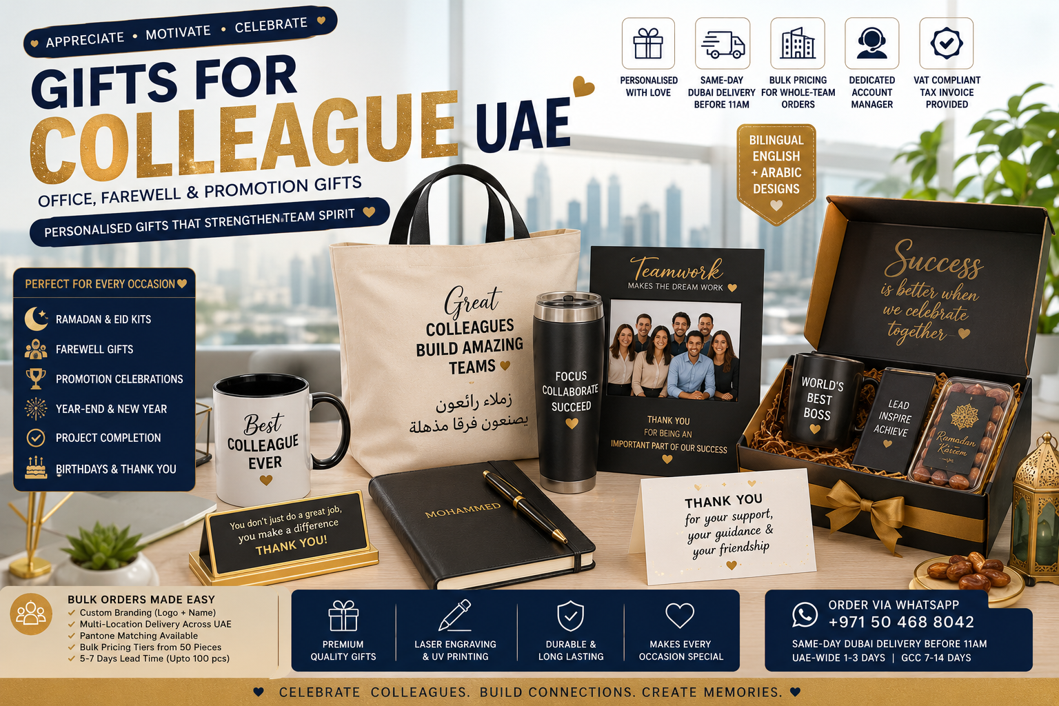 gifts for colleague uae - printshop4me.ae Gifts for colleague UAE featuring personalised Best Colleague mug, bilingual Arabic office tote bag, custom travel tumbler, team photo frame, leather notebook, thank-you desk plaque, Ramadan dates box and premium promotion gift hamper in a modern Dubai office setting.