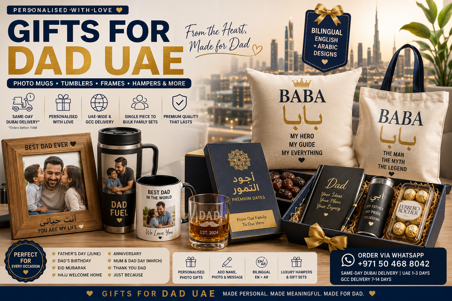 gifts for dad uae - printshop4me.ae Gifts for dad UAE featuring personalised Best Dad photo frame, stainless steel travel mug, Best Dad photo mug, engraved tumbler, Baba / بابا cushion, bilingual tote bag, Arabic dates gift box, leather notebook, premium hamper, chocolates and Dubai skyline backdrop.