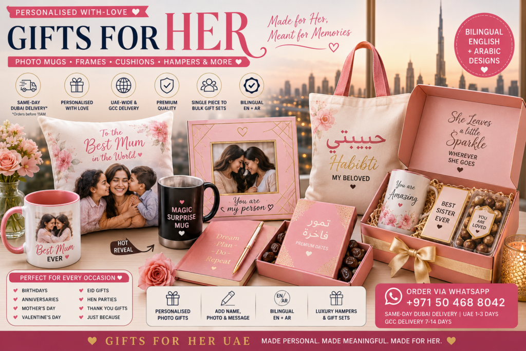 Gifts for her UAE featuring personalised photo mug, magic surprise mug, floral photo cushion, pink photo frame, Habibti / حبيبتي bilingual tote bag, premium dates box, notebook, luxury pink gift hamper, chocolates and Dubai skyline backdrop.