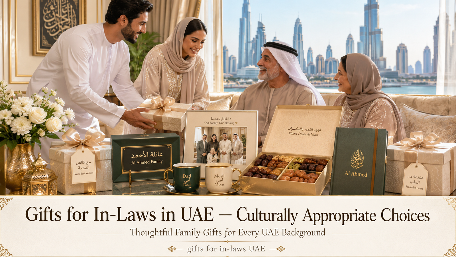 Gifts for in-laws UAE hero image showing premium dates hamper, personalised family gifts, elegant wrapped presents, and respectful family gifting in a Dubai home setting.