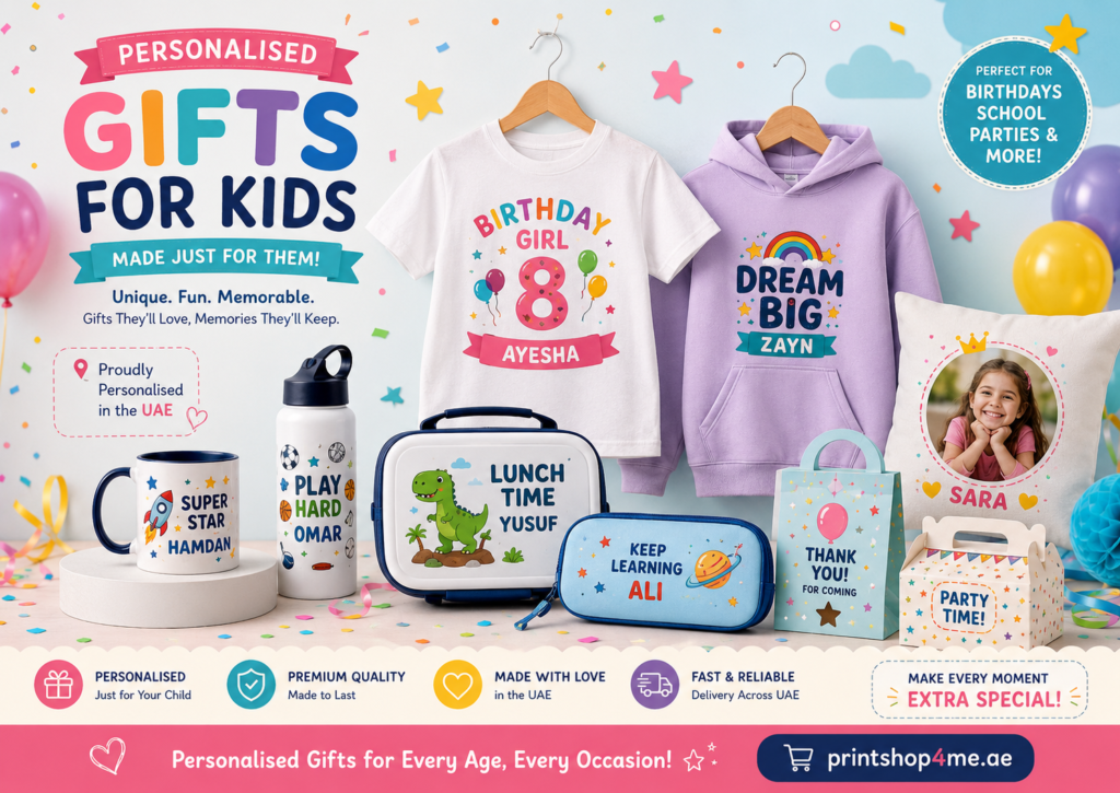 Gifts for kids UAE featuring personalised birthday t-shirts, kids hoodie, photo mug, school water bottle, lunch box, pencil case, photo cushion and birthday party favour boxes in a colourful celebration setup.