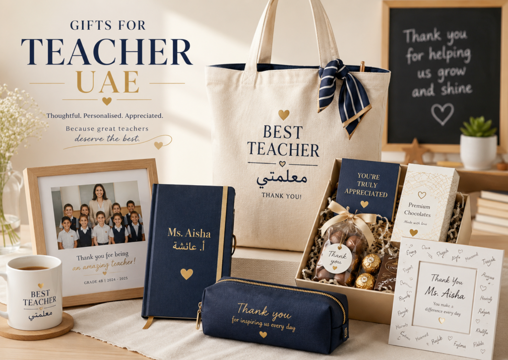 Gifts for teacher UAE featuring personalised Best Teacher mug, bilingual Arabic tote bag, class photo frame, teacher notebook, pencil case, thank-you hamper, chocolates and class-signed appreciation frame.