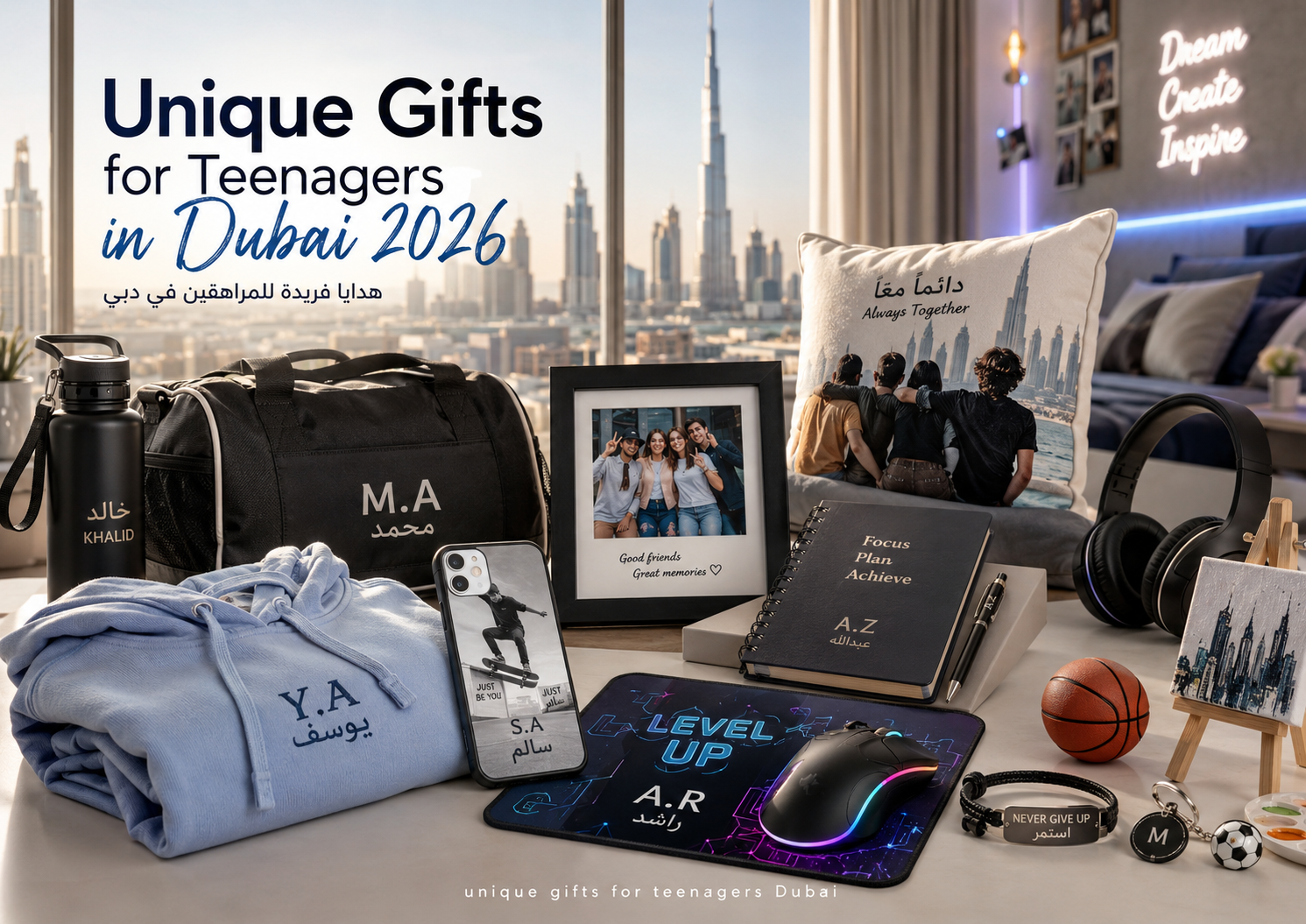 Unique gifts for teenagers in Dubai 2026 featuring personalised hoodies, phone cases, photo gifts, notebooks, gaming accessories, sports items and bilingual English Arabic designs.