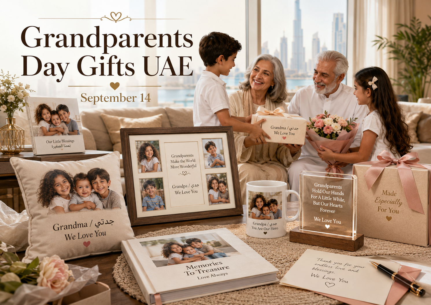 Grandparents Day gifts UAE featuring personalised grandchildren photo frame, photo cushion, bilingual mug, wall canvas, photo book and wrapped gift box.