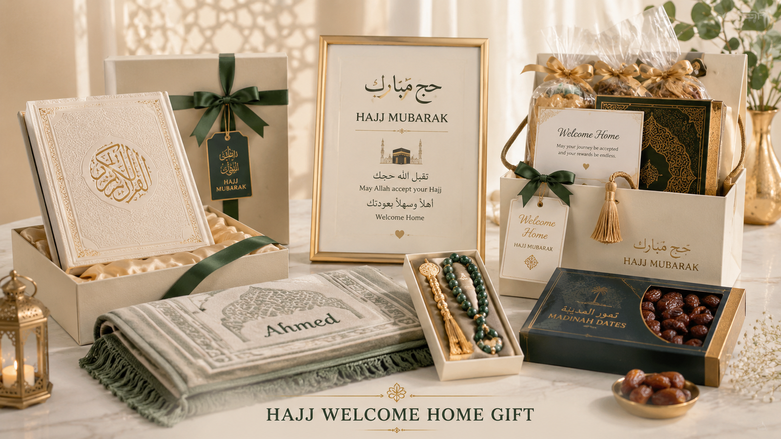hajj welcome home gift - printshop4me.ae Hajj welcome home gift UAE including personalised Quran gift box, prayer mat with name, Hajj Mubarak frame, tasbeeh set, Madinah dates box and premium returnee hamper.