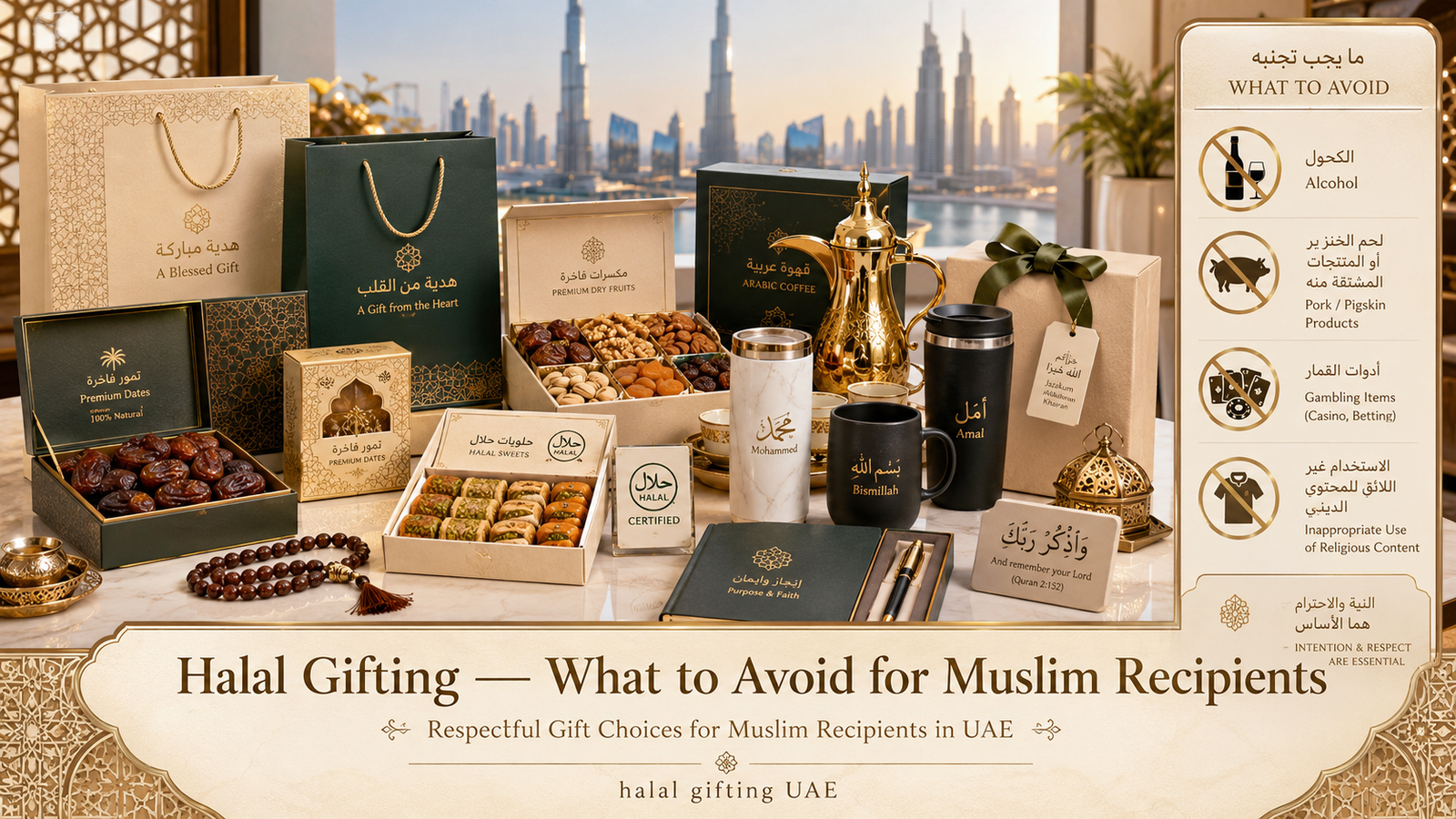 Halal gifting UAE hero image showing premium dates, halal gift hampers, personalised gifts, bilingual packaging, and respectful examples of what to avoid for Muslim recipients.